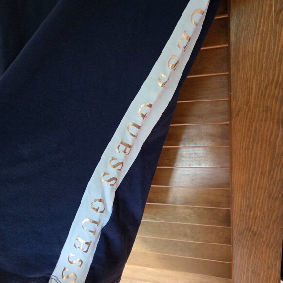 Guess Navy Blue /White Stripes Gold Lettering S/XS Woman’s TSHIRT - Picture 4 of 6
